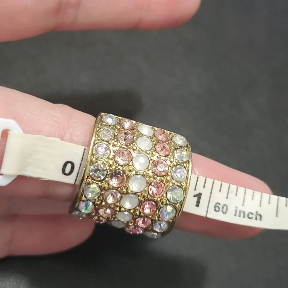 Gold tone wide rhinestone ring - Approx 5 pink chunky